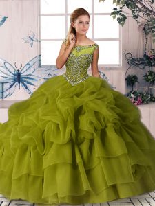 Traditional Zipper Vestidos de Quinceanera Olive Green for Military Ball and Sweet 16 and Quinceanera with Beading and Pick Ups Brush Train