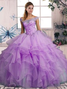 High Quality Sleeveless Floor Length Beading and Ruffles Lace Up Quinceanera Gown with Lavender
