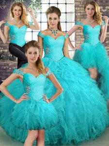 Fashionable Aqua Blue Tulle Lace Up Off The Shoulder Sleeveless Floor Length Quinceanera Dress Beading and Ruffles