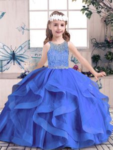 Customized Scoop Sleeveless Evening Gowns Floor Length Beading and Ruffles Blue Tulle