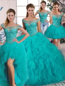 Lace Up Ball Gown Prom Dress Aqua Blue for Sweet 16 and Quinceanera with Beading and Ruffles Brush Train