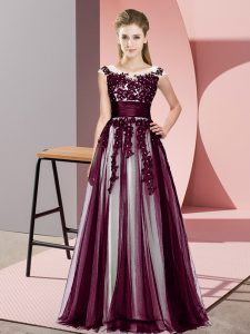 Deluxe Dark Purple Empire Tulle Scoop Sleeveless Beading and Lace Floor Length Zipper Dama Dress for Quinceanera