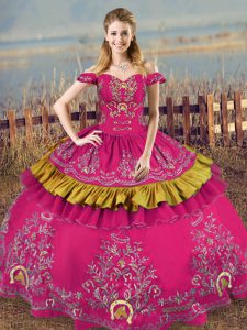 Fuchsia Organza Lace Up Off The Shoulder Sleeveless Floor Length 15 Quinceanera Dress Embroidery