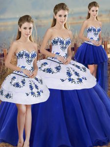 Extravagant Sleeveless Floor Length Embroidery and Bowknot Lace Up Sweet 16 Dresses with Royal Blue