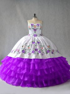 White And Purple Lace Up Sweetheart Embroidery and Ruffled Layers 15th Birthday Dress Organza Sleeveless