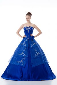 Royal Blue V-neck Lace Up Embroidery and Ruffled Layers Sweet 16 Quinceanera Dress Sleeveless