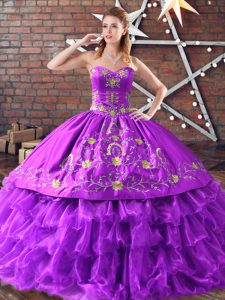 Adorable Purple Sleeveless Floor Length Embroidery and Ruffled Layers Lace Up Sweet 16 Dresses
