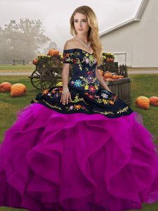 Custom Designed Tulle Off The Shoulder Sleeveless Lace Up Embroidery and Ruffles 15 Quinceanera Dress in Black And Purple