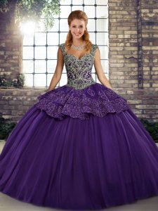 Modern Purple Ball Gowns Beading and Appliques 15th Birthday Dress Lace Up Tulle Sleeveless Floor Length