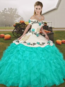 Ideal Turquoise Organza Lace Up Quinceanera Gowns Sleeveless Floor Length Embroidery and Ruffles
