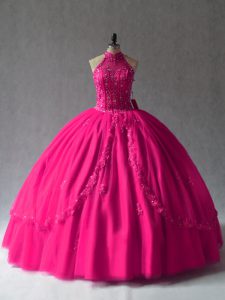 Hot Sale Halter Top Sleeveless Lace Up Quinceanera Dress Fuchsia Tulle