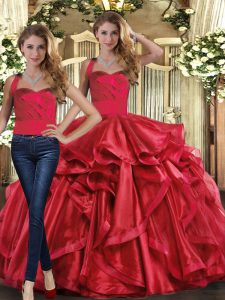 Modest Red Halter Top Lace Up Ruffles Quinceanera Gown Sleeveless