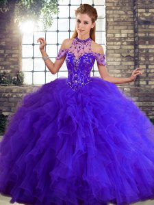 Admirable Purple Halter Top Lace Up Beading and Ruffles Vestidos de Quinceanera Sleeveless