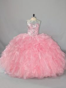 Exquisite Organza Scoop Sleeveless Lace Up Beading and Ruffles Quinceanera Dress in Pink