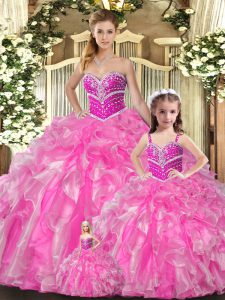 Rose Pink Sleeveless Beading and Ruffles Floor Length Juniors Party Dress