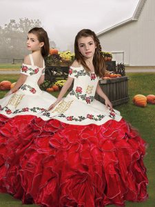Low Price Red Little Girl Pageant Gowns Party and Sweet 16 and Wedding Party with Embroidery and Ruffles Straps Sleeveless Lace Up