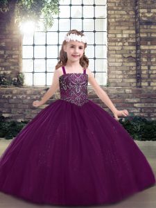 Luxurious Eggplant Purple Sleeveless Floor Length Beading Lace Up Little Girls Pageant Dress