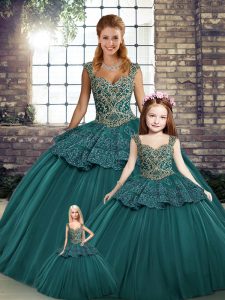 Pretty Green Sleeveless Floor Length Beading and Appliques Lace Up Sweet 16 Dress