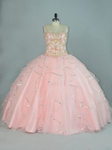 Free and Easy Sleeveless Floor Length Beading and Ruffles Lace Up Quinceanera Dresses with Peach
