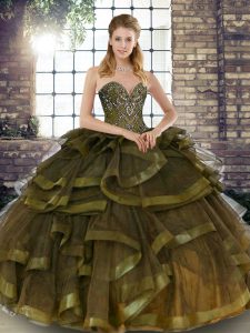Tulle Sweetheart Sleeveless Lace Up Beading and Ruffles Quince Ball Gowns in Olive Green