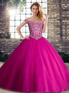 Hot Sale Fuchsia Sleeveless Tulle Brush Train Lace Up Ball Gown Prom Dress for Military Ball and Sweet 16 and Quinceanera