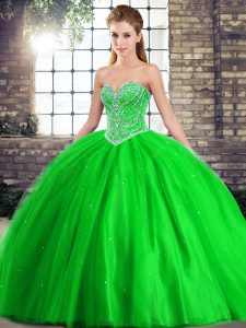 Glittering Green Ball Gowns Beading Sweet 16 Dresses Lace Up Tulle Sleeveless