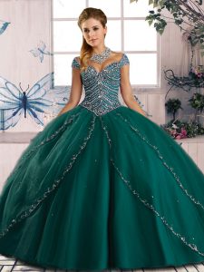 Green Cap Sleeves Beading Lace Up 15th Birthday Dress