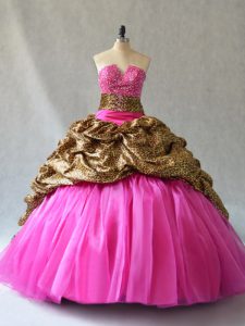 Artistic Sleeveless Organza Brush Train Lace Up 15 Quinceanera Dress in Hot Pink with Beading and Pick Ups