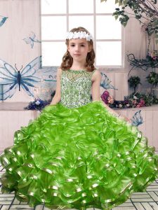 Dazzling Green Organza Lace Up Little Girl Pageant Gowns Sleeveless Floor Length Beading and Ruffles