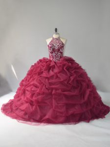 Popular Burgundy Sleeveless Organza Court Train Lace Up Quince Ball Gowns for Sweet 16 and Quinceanera