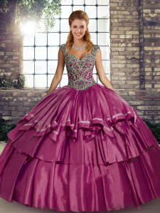 Straps Sleeveless 15th Birthday Dress Floor Length Beading and Ruffled Layers Fuchsia Taffeta