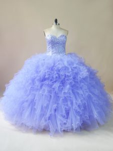 Lavender Ball Gowns Tulle Sweetheart Sleeveless Beading and Ruffles Floor Length Lace Up Military Ball Dresses