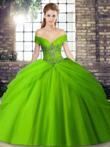 Tulle Sleeveless Military Ball Gown Brush Train and Beading and Pick Ups