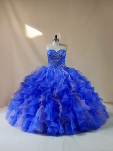 Extravagant Royal Blue Ball Gowns Beading and Ruffles Quinceanera Dresses Lace Up Organza Sleeveless Floor Length