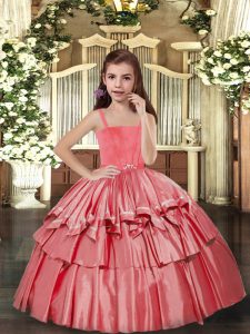 Beautiful Floor Length Coral Red Little Girls Pageant Dress Taffeta Sleeveless Ruffled Layers
