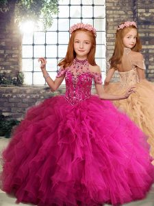 Fuchsia Tulle Lace Up High-neck Sleeveless Floor Length Kids Pageant Dress Beading and Ruffles