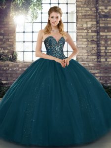 Enchanting Tulle Sweetheart Sleeveless Lace Up Beading Sweet 16 Dresses in Teal