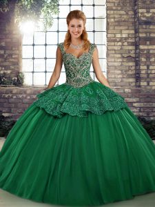 Dazzling Green Tulle Lace Up Straps Sleeveless Floor Length Quinceanera Gowns Beading and Appliques