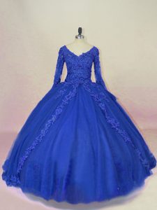Popular Royal Blue Tulle Lace Up V-neck Long Sleeves Sweet 16 Quinceanera Dress Lace and Appliques
