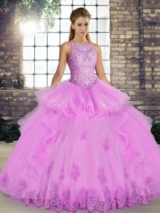 Excellent Lilac Tulle Lace Up Scoop Sleeveless Floor Length Quinceanera Gowns Lace and Embroidery and Ruffles