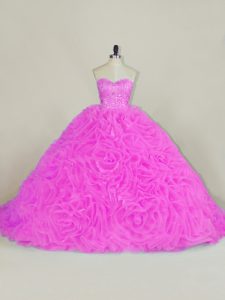 Shining Sweetheart Sleeveless Ball Gown Prom Dress Chapel Train Beading and Ruffles Lilac Organza