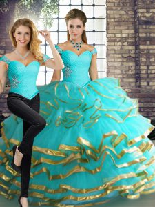 Aqua Blue Tulle Lace Up Off The Shoulder Sleeveless Floor Length Quinceanera Gown Beading and Ruffled Layers