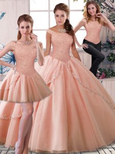 Lace Up Military Ball Gowns Peach for Military Ball and Sweet 16 and Quinceanera with Beading Brush Train