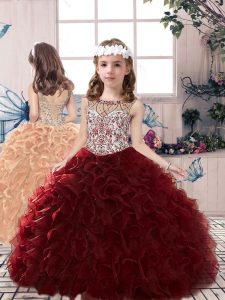 Burgundy Lace Up Scoop Beading and Ruffles Child Pageant Dress Organza Sleeveless