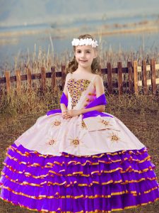 Lavender Ball Gowns Organza Straps Sleeveless Beading and Embroidery and Ruffled Layers Floor Length Lace Up Little Girl Pageant Dress