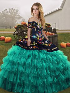 Classical Floor Length Lace Up 15th Birthday Dress Turquoise for Military Ball and Sweet 16 and Quinceanera with Embroidery and Ruffled Layers