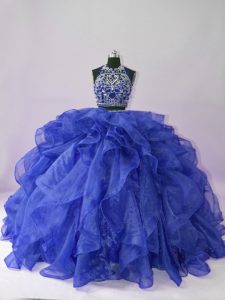 Custom Fit Royal Blue Two Pieces Scoop Sleeveless Organza Floor Length Backless Beading and Ruffles 15 Quinceanera Dress