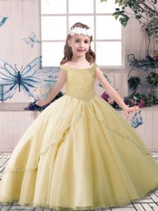 Champagne Lace Up Little Girl Pageant Gowns Beading Sleeveless Floor Length