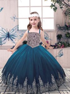 Teal Ball Gowns Straps Sleeveless Tulle Floor Length Lace Up Beading and Embroidery Kids Formal Wear