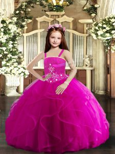 Simple Sleeveless Tulle Floor Length Lace Up Winning Pageant Gowns in Fuchsia with Beading and Ruffles